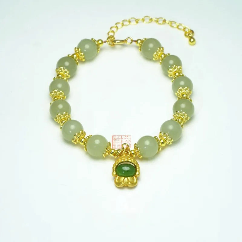 Hotan Jade Buddha Pendant Bracelet Green Beaded Bangles Wedding Jewelry