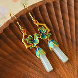 Hotan Jade Enamel Flower Earrings for Women Chinese Cheongsam Hanfu Jewelry