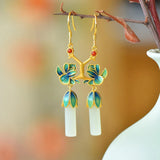 Hotan Jade Enamel Flower Earrings for Women Chinese Cheongsam Hanfu Jewelry