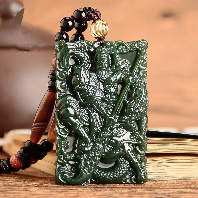 Hand Carved Guan Gong Pendant Hotan Jade Nephrite Necklace