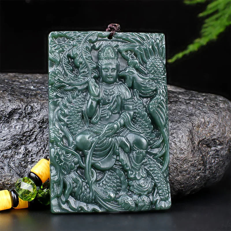 Hotan Jade Nephrite Carved Guanyin Pendant Dragon & Phoenix Necklace
