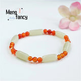 Hotan Jade Red Agate Chalcedony Bracelet Retro Men Women Fine Jewelry