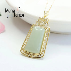 Natural Hotan Jade Wushi Diamond Necklace Charm Versatile Women Fine Jewelry