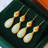 Hotan Jade Drop Earrings Retro Gilding Craft Women's Xmas Halloween Gift