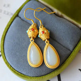 Hotan Jade Drop Earrings Retro Gilding Craft Women's Xmas Halloween Gift