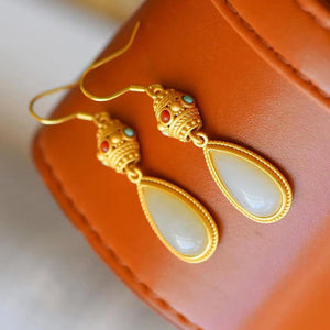 Hotan Jade Drop Earrings Retro Gilding Craft Women's Xmas Halloween Gift