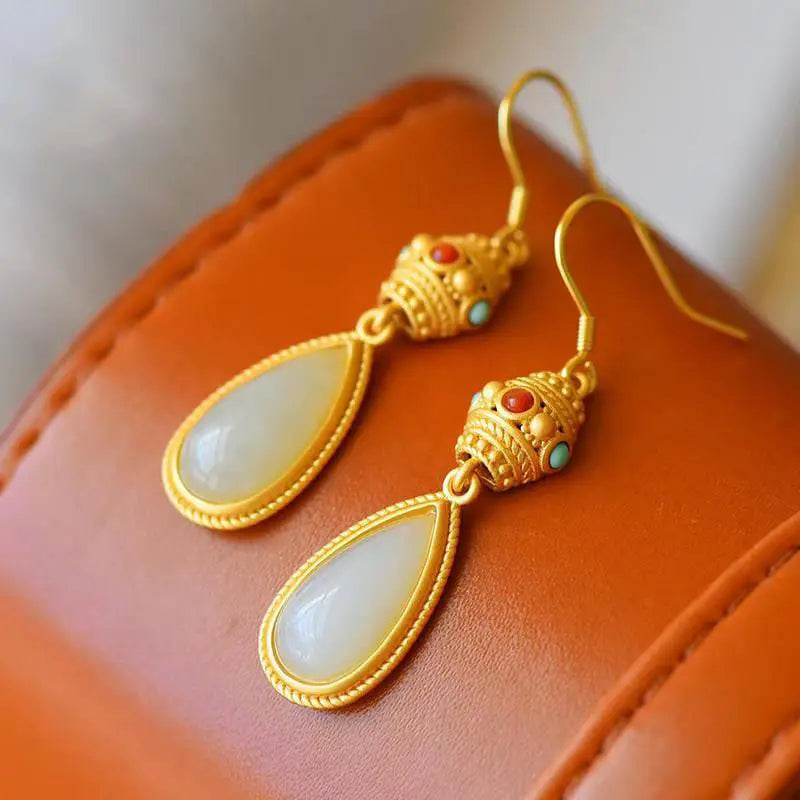 Hotan Jade Drop Earrings Retro Gilding Craft Women's Xmas Halloween Gift