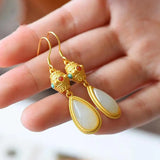 Hotan Jade Drop Earrings Retro Gilding Craft Women's Xmas Halloween Gift