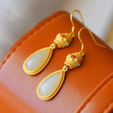 Hotan Jade Drop Earrings Retro Gilding Craft Women's Xmas Halloween Gift