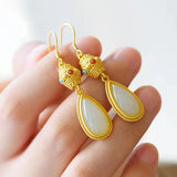 Hotan Jade Drop Earrings Retro Gilding Craft Women's Xmas Halloween Gift