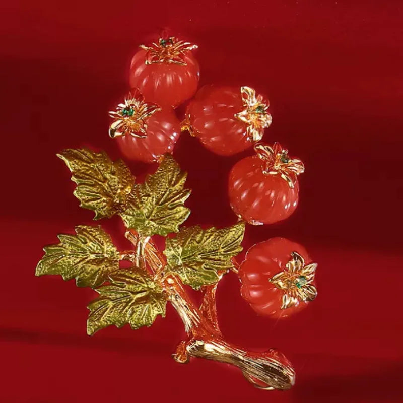 Hotan Jade Red Persimmon Ruyi Brooch Pin Hanfu Jewelry