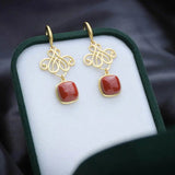 Hotan Red Tourmaline Chinese Knot Earrings Silver Jewelry