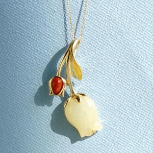 Hotan Jade Tulip Flower Pendant Necklace Chinese Retro Women