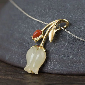 Hotan Jade Tulip Flower Pendant Necklace Chinese Retro Women