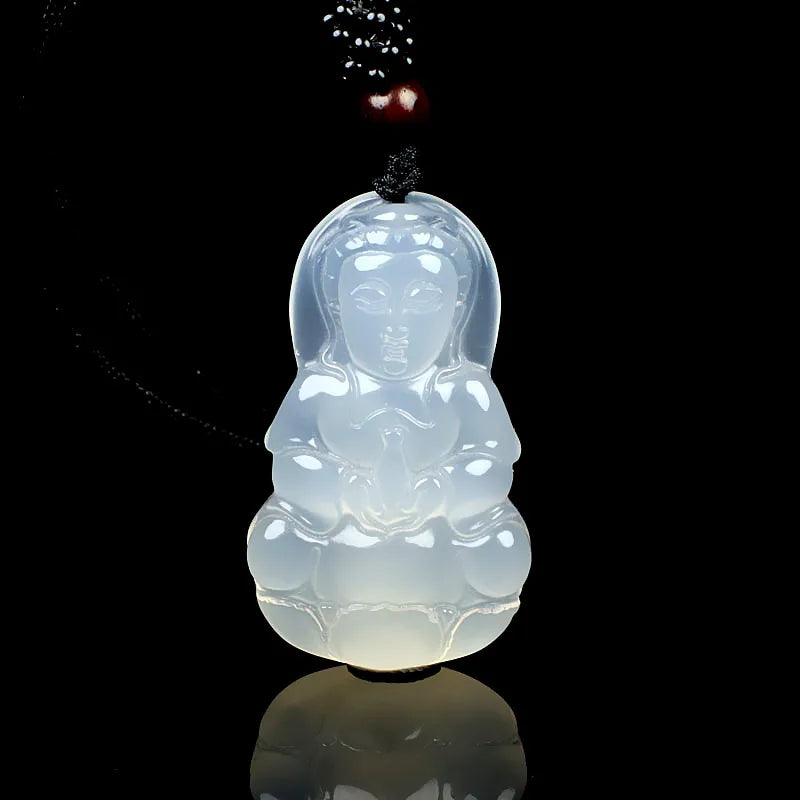 Natural Ice Agate Chalcedony Guanyin Bodhisjsonattva Pendant Jewelry