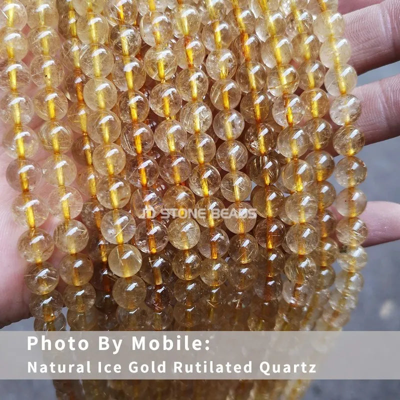 Natural Ice Rutilated Quartz Yellow Hair Crystal Round Loose Spacer Beads