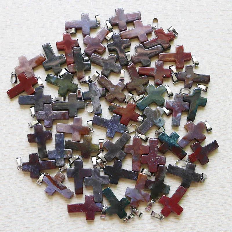 Indian Agate Stone Cross Beads Charms Pendants for DIY Necklace Jewelry Making