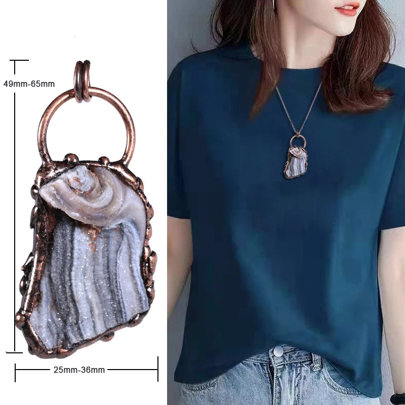 Irregular Agate Stone Pendant Vintage Bronze Inlay Quartz Crystal