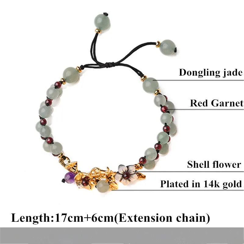 Jade Bead Bracelet with Red Garnet, Vintage Stone Charms Bangle