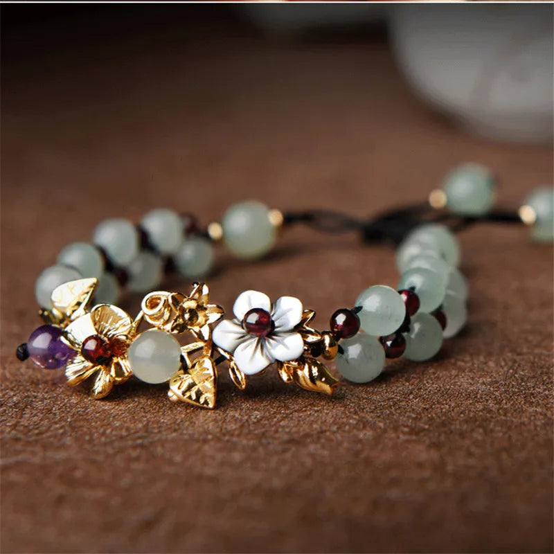 Jade Bead Bracelet with Red Garnet, Vintage Stone Charms Bangle