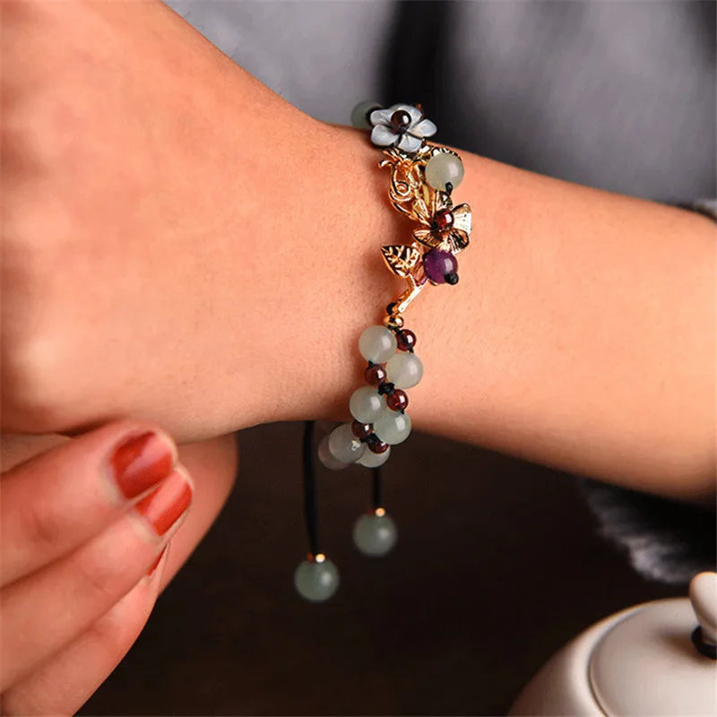 Jade Bead Bracelet with Red Garnet, Vintage Stone Charms Bangle