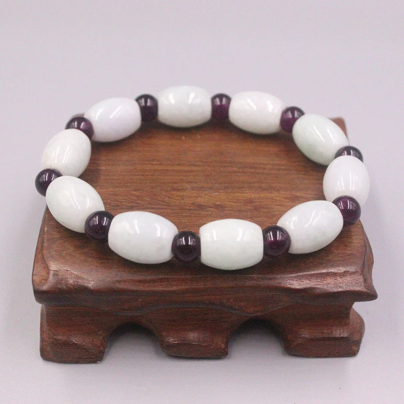 Green Jade Bead Bracelet 13mm Red Garnet, Light Green Bracelet