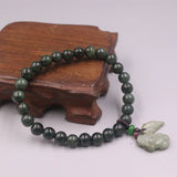 Green Jade Bead Bracelet 8mm Beads Oil Bracelet 16-17cmL Pixiu Leaf Charms