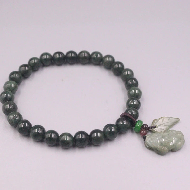 Green Jade Bead Bracelet 8mm Beads Oil Bracelet 16-17cmL Pixiu Leaf Charms