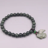Green Jade Bead Bracelet 8mm Beads Oil Bracelet 16-17cmL Pixiu Leaf Charms