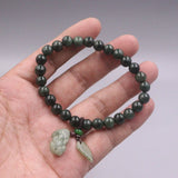 Green Jade Bead Bracelet 8mm Beads Oil Bracelet 16-17cmL Pixiu Leaf Charms