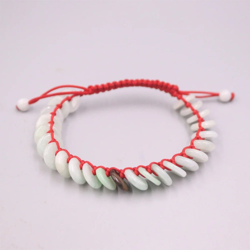 Natural Jade Bead Bracelet 8mm Red String Weave 16-17cmL
