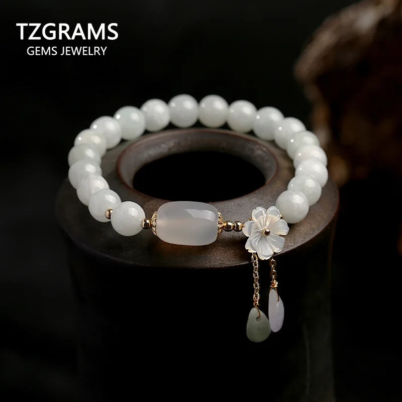 Jade Beads Bracelet 14K Filled Shell Flower Drop Charm Female Jewelry