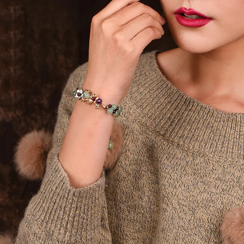 Natural Jade Beads Bracelet Bangle Adjustable with Garnet