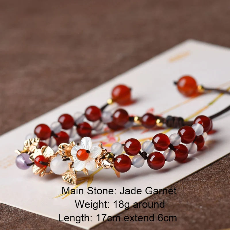 Natural Jade Beads Bracelet Bangle Adjustable with Garnet