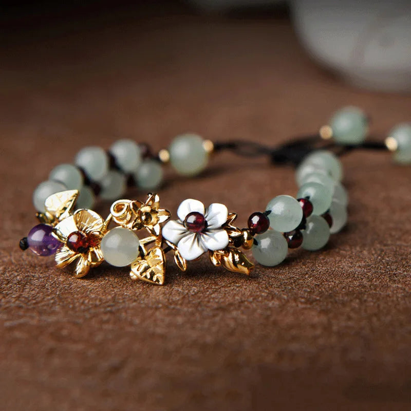 Natural Jade Beads Bracelet Bangle Adjustable with Garnet