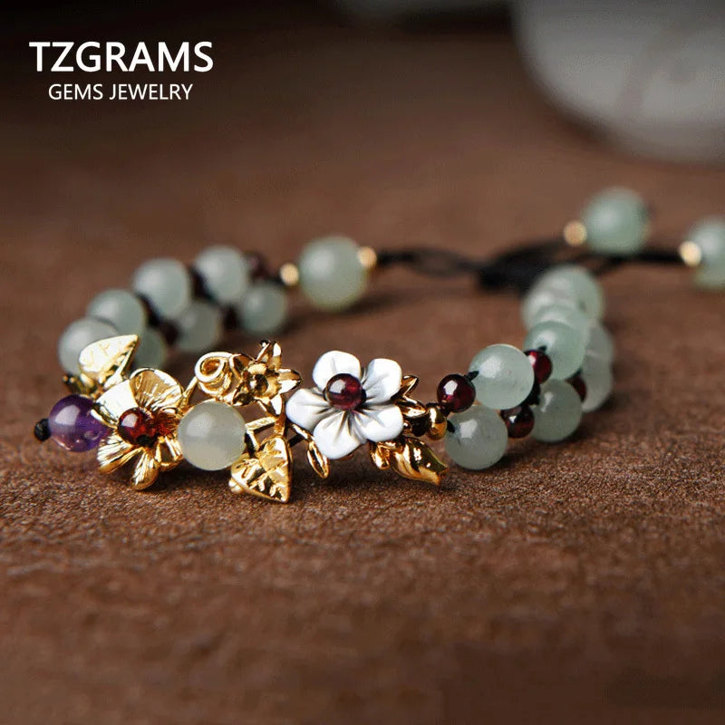 Natural Jade Beads Bracelets Bangle Hand Braided Vintage Punk Flowers Bracelets