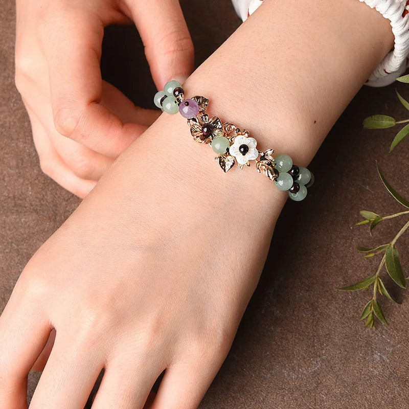 Natural Jade Beads Bracelets Bangle Hand Braided Vintage Punk Flowers Bracelets