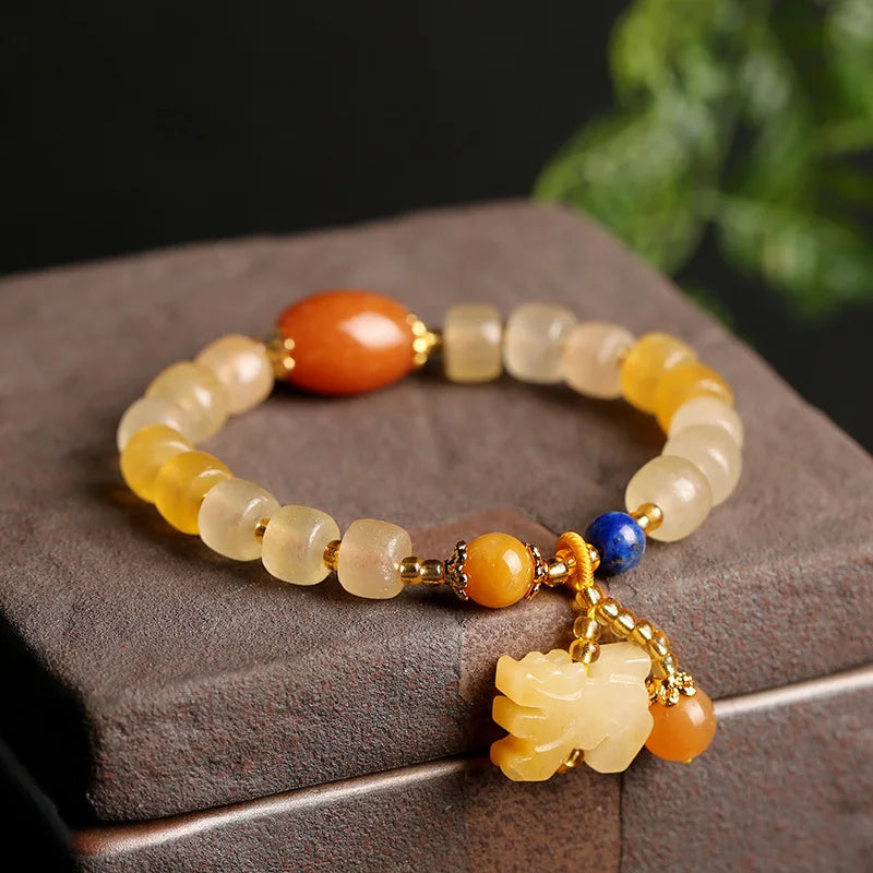 Colorful Jade Women's Bracelet with Hanging Pixiu for Luck