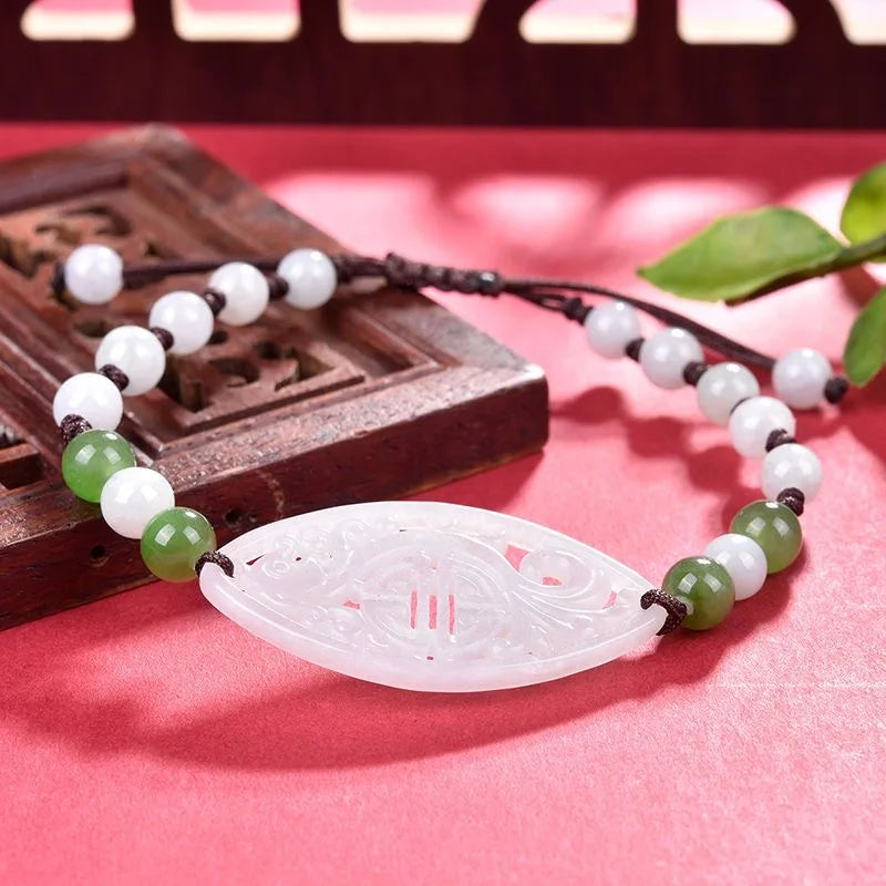 Natural Jade Burma Emerald Bead Bracelet Bangle Hand-Carved Woman