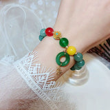 Green Gourd Ethnic Lucky Couple Bracelet Natural Jade&Chalcedony Beads