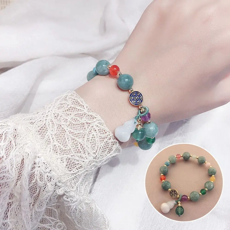 Green Gourd Ethnic Lucky Couple Bracelet Natural Jade&Chalcedony Beads