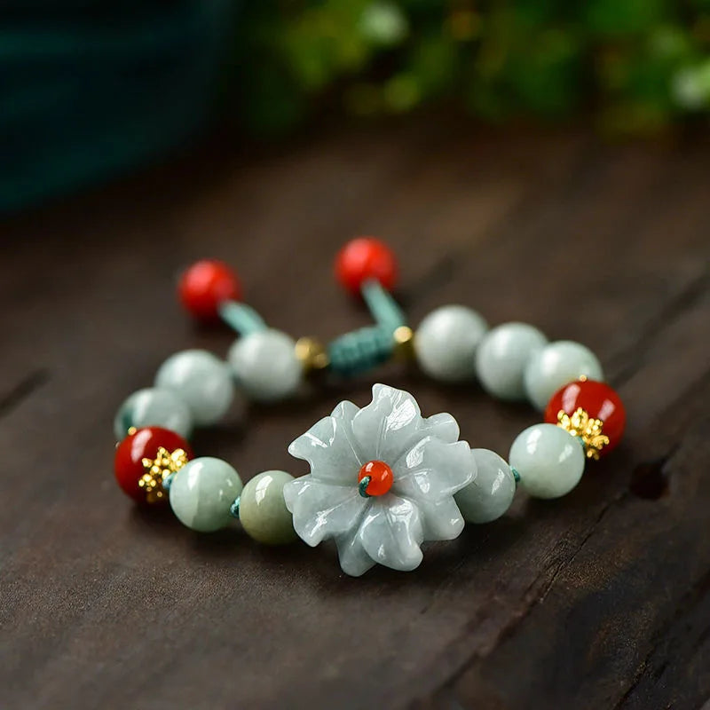 Natural Jade Emerald Flower 10mm Beads Bracelet Bangle
