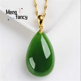 Jade Emerald Luck Water Drop Bead Pendant Necklace 925 Silver
