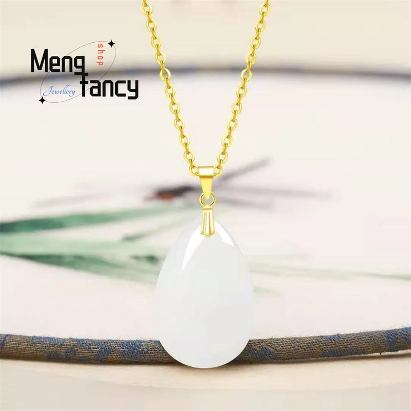 Jade Emerald Luck Water Drop Bead Pendant Necklace 925 Silver