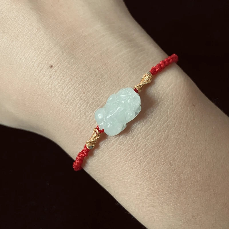 Jade Emerald Pixiu Beads Bracelet Adjustable Bangle Hand-Carved Woman Amulet