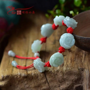 Hand-Carved Natural Jade Emerald Rose Beads Ring Bracelet