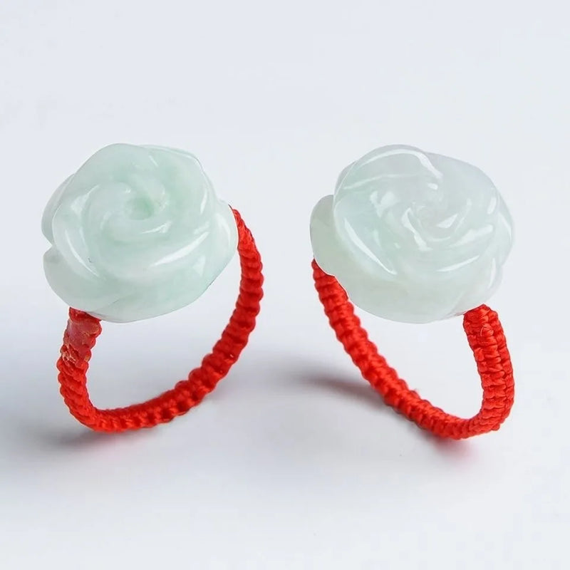 Hand-Carved Natural Jade Emerald Rose Beads Ring Bracelet