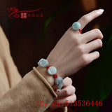 Hand-Carved Natural Jade Emerald Rose Beads Ring Bracelet