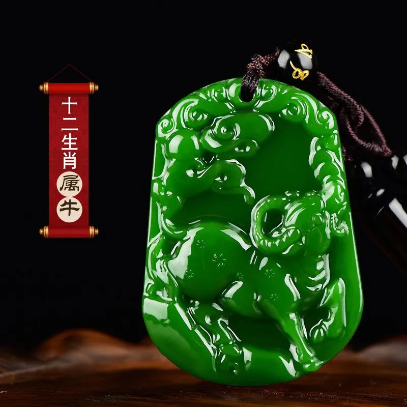Jade Green Carved Zodiac Cow Pendant Jewelry