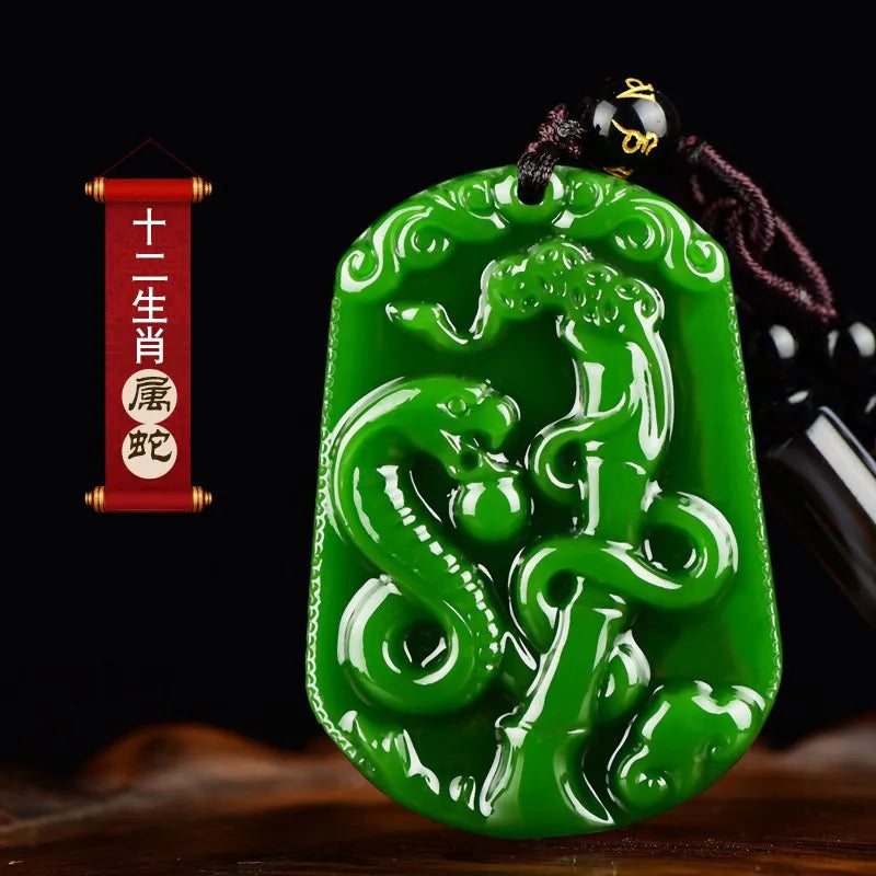 Hand-carved Zodiac Snake Jade Pendant Green Jade Necklace